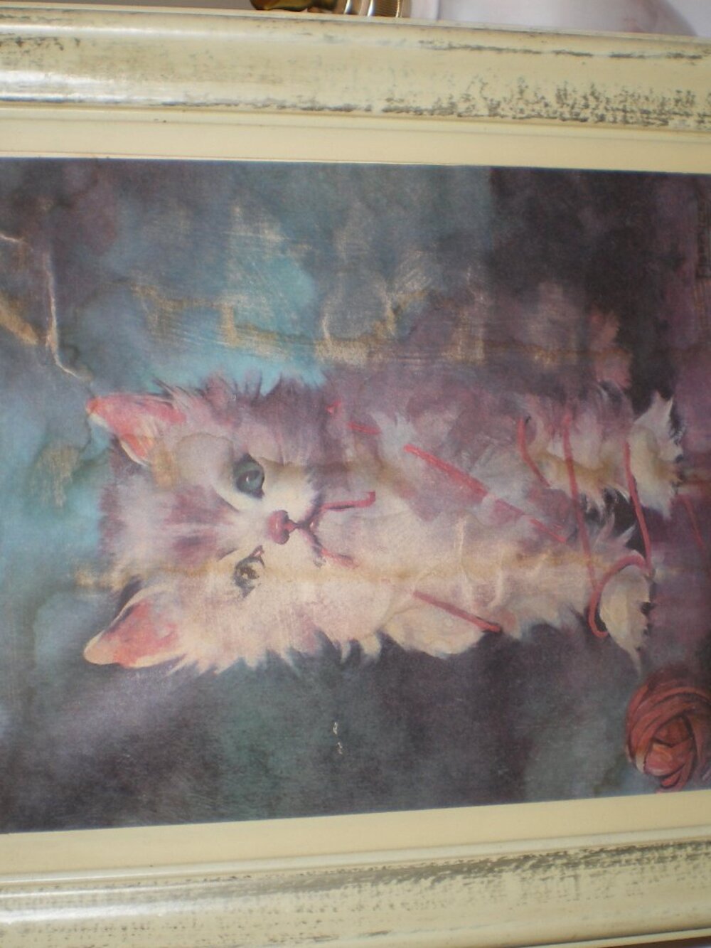 VTG 60’s Cat with Yarn Vintage Frame KITTEN Art Picture Florence Kroger